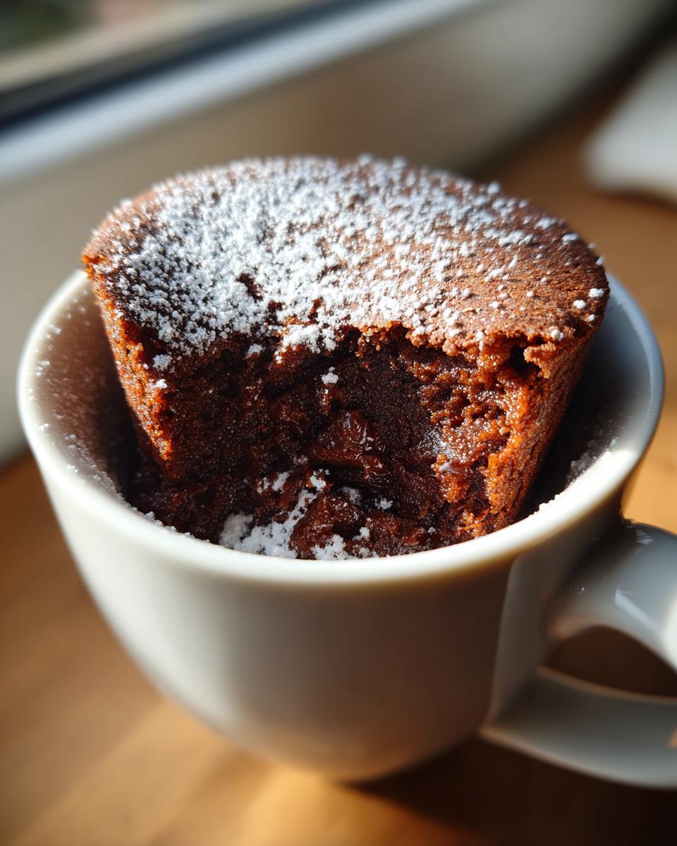 Close-up of a 3-minute chocolate mug cake topped with powdered sugar in a white mug.