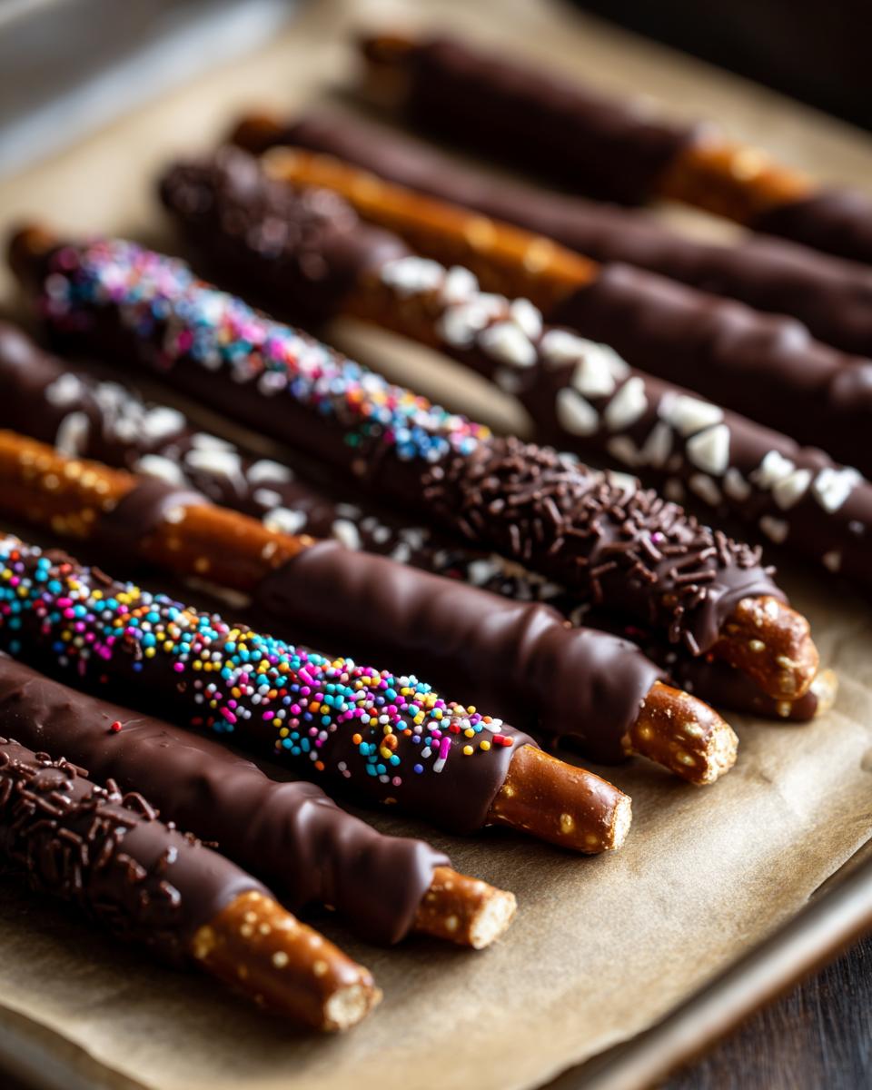 Close-up of chocolate dipped pretzels decorated with colorful sprinkles and toppings on parchment paper.