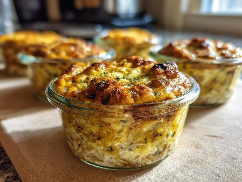 Close-up of baked egg muffins in glass ramekins for breakfast meal prep recipes