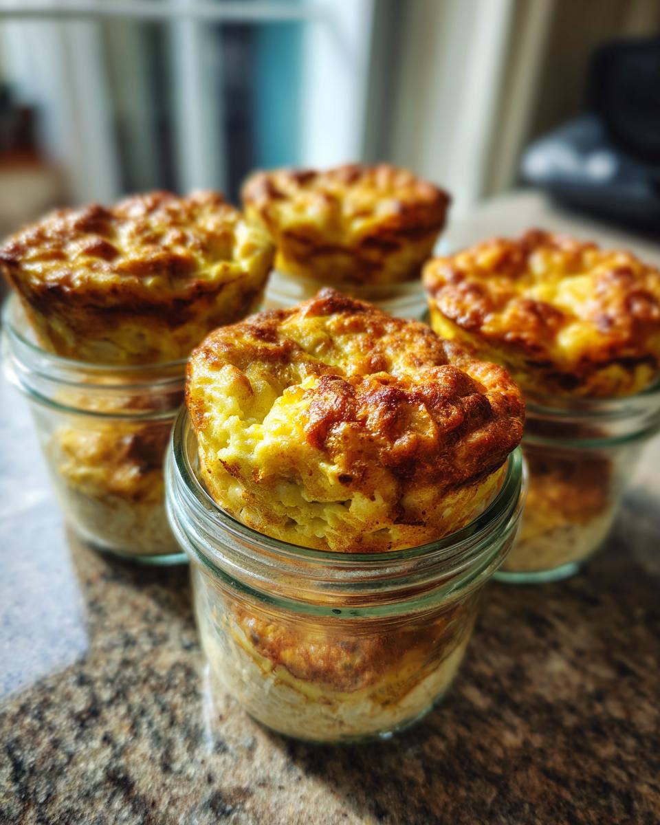 Four golden baked egg muffins in glass jars on a kitchen counter for breakfast meal prep recipes.