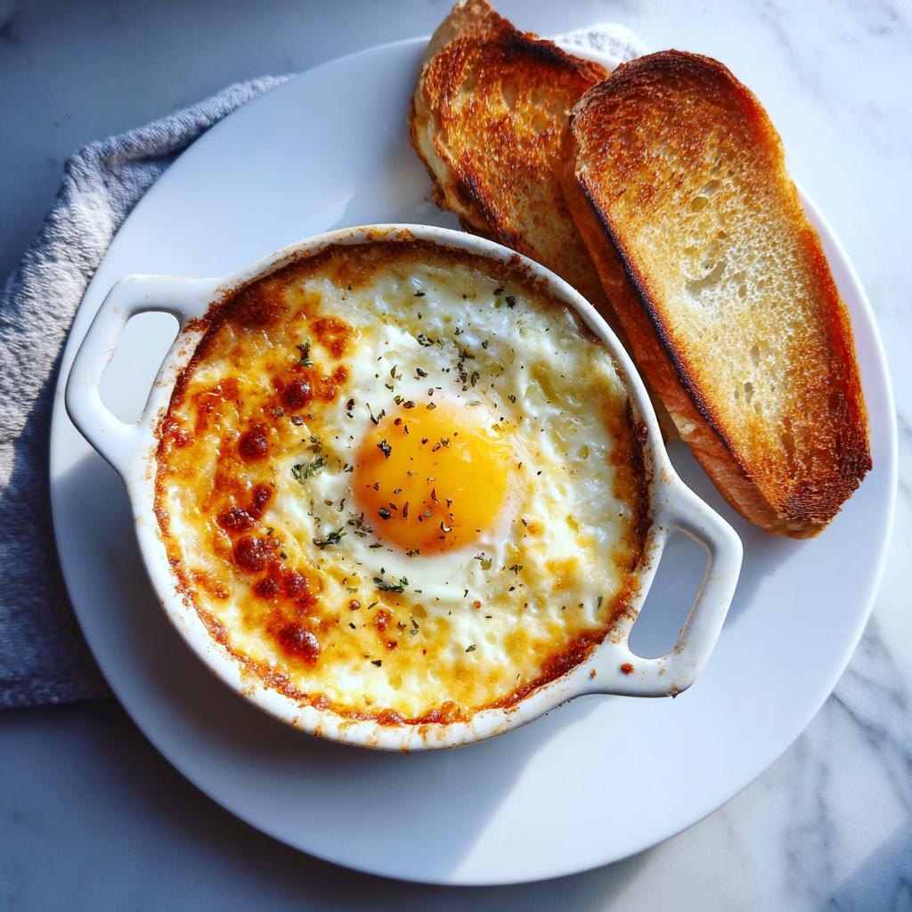 Baked egg with melted cheese and herbs served with toasted bread on a white plate