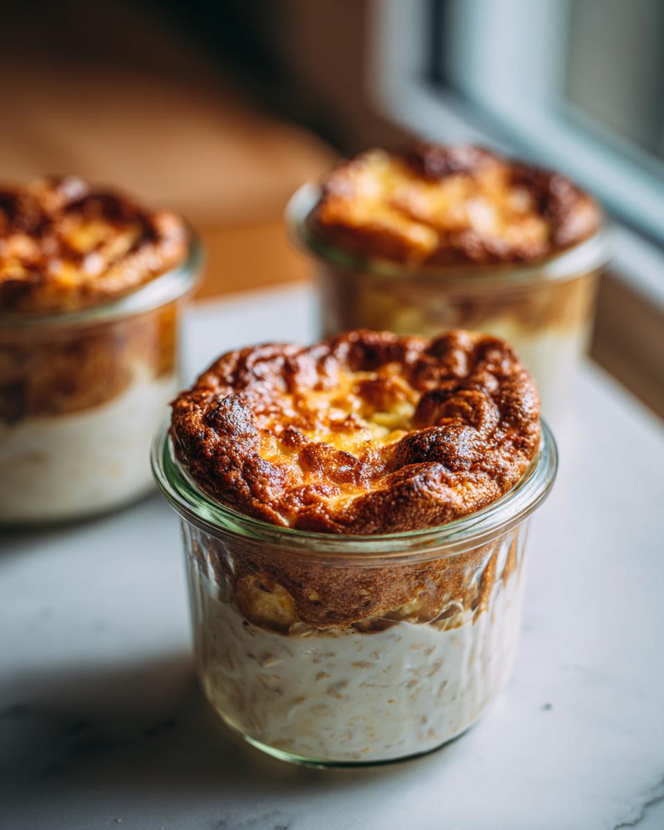 Three glass jars filled with baked oatmeal topped with golden brown crust for breakfast meal prep recipes
