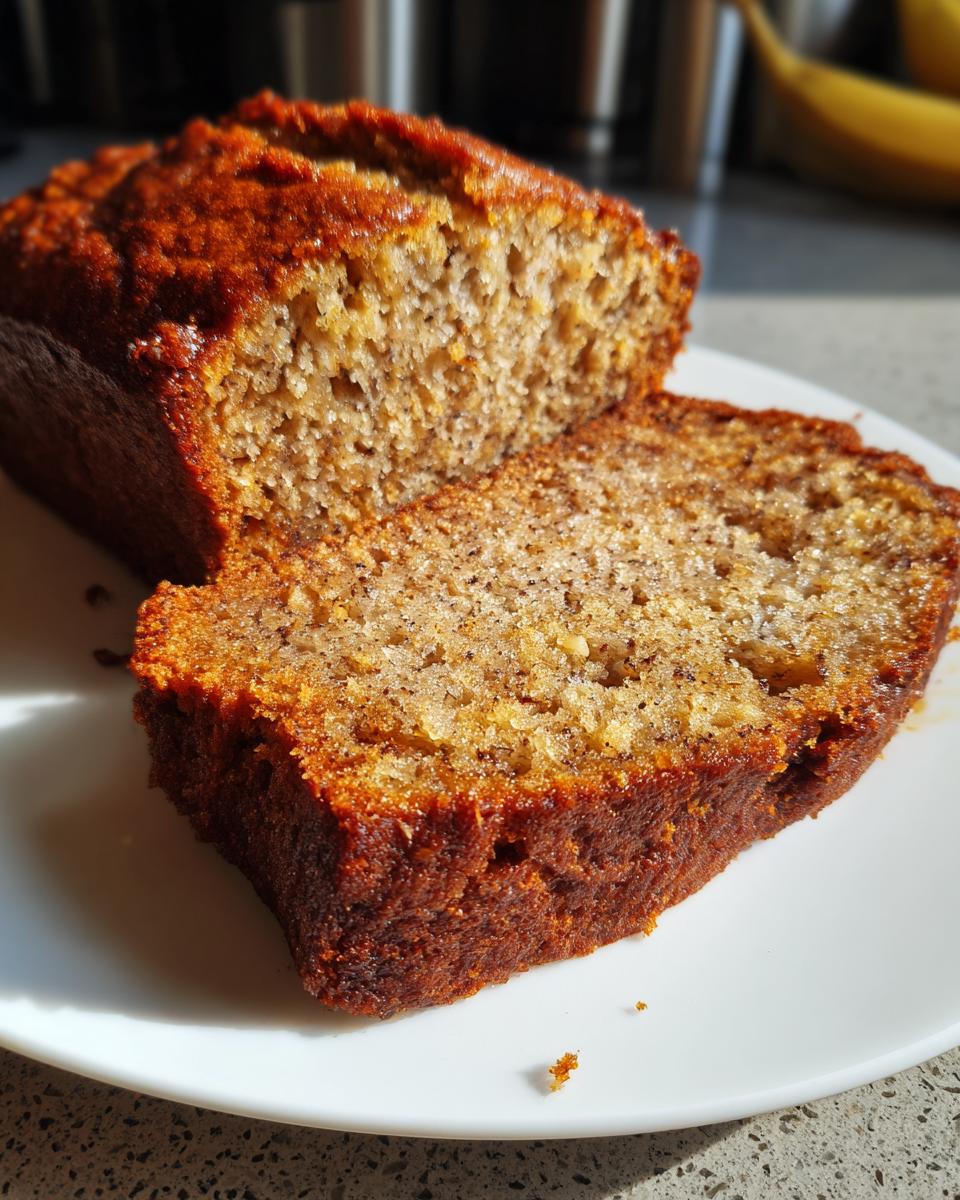 Close-up of a moist banana bread slice on a white plate, perfect for beginner baking recipes.