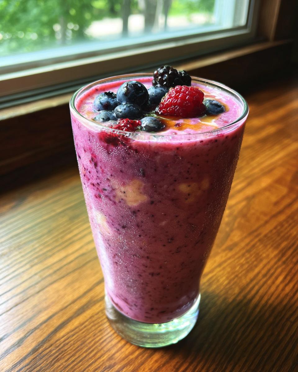 Glass of creamy berry banana smoothie topped with blueberries, raspberries, and blackberries.