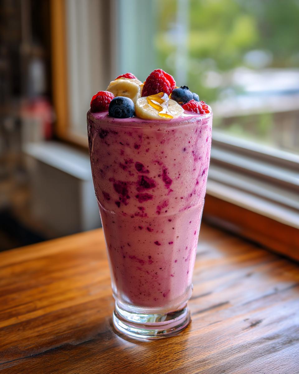 Creamy berry banana smoothie topped with banana slices, raspberries, blueberries, and honey drizzle
