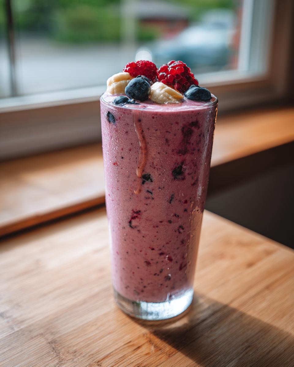 Tall glass of berry banana smoothie topped with blueberries, raspberries, and banana slices.