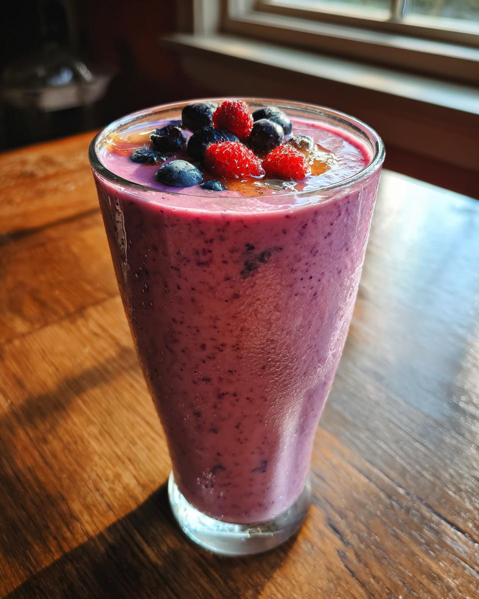Creamy berry banana smoothie topped with blueberries and raspberries in a tall glass