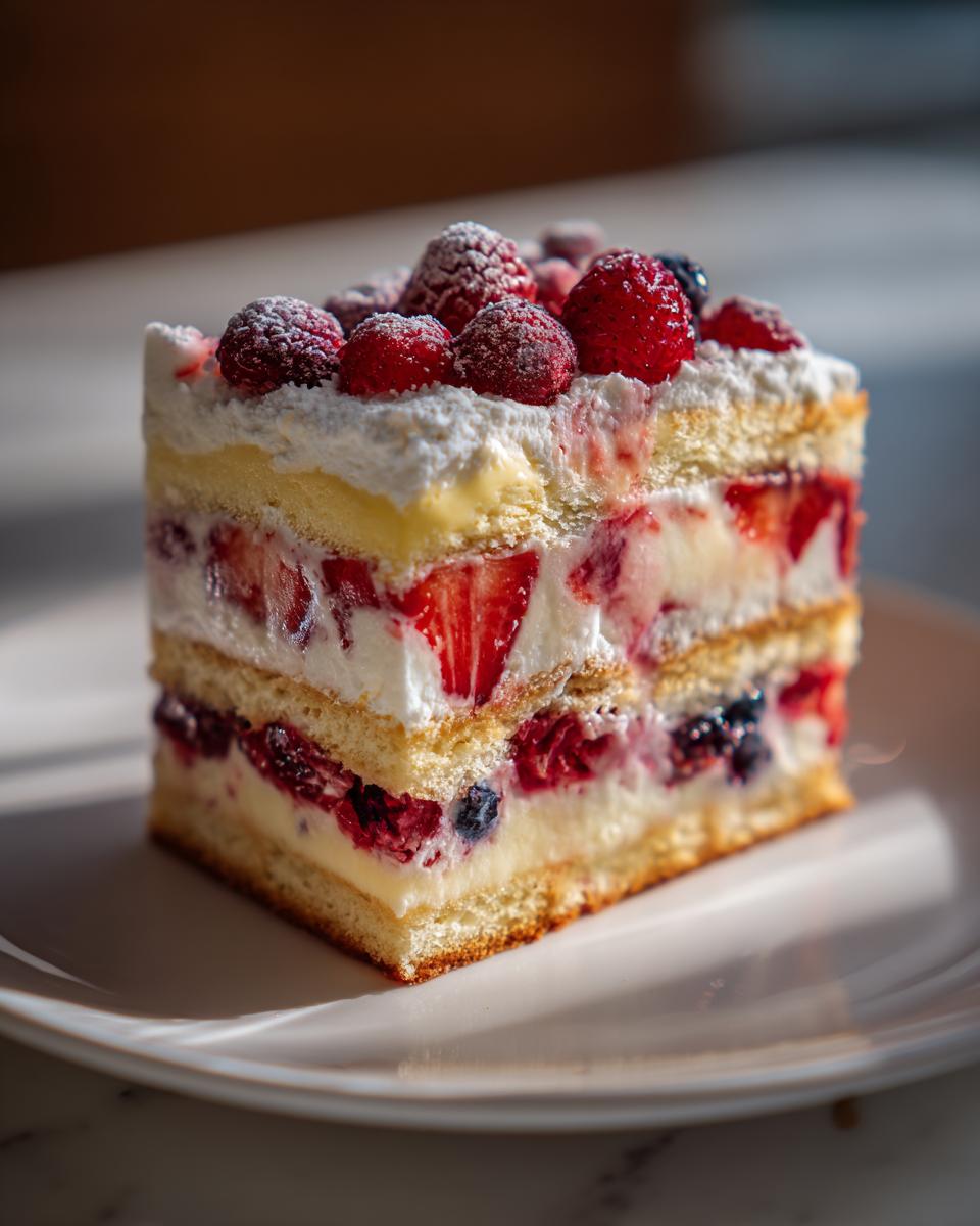 Close-up of a slice of easy trifle recipes with layers of cream, sponge cake, and mixed berries.