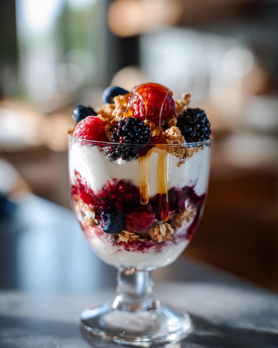 Glass parfait with layers of berries, granola, yogurt, and honey drizzle, an easy spring desserts option.