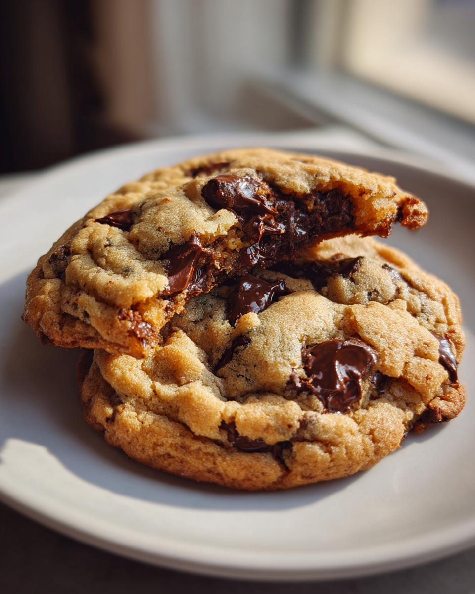 Close-up of two chocolate chip cookies on a plate with melted chocolate chunks