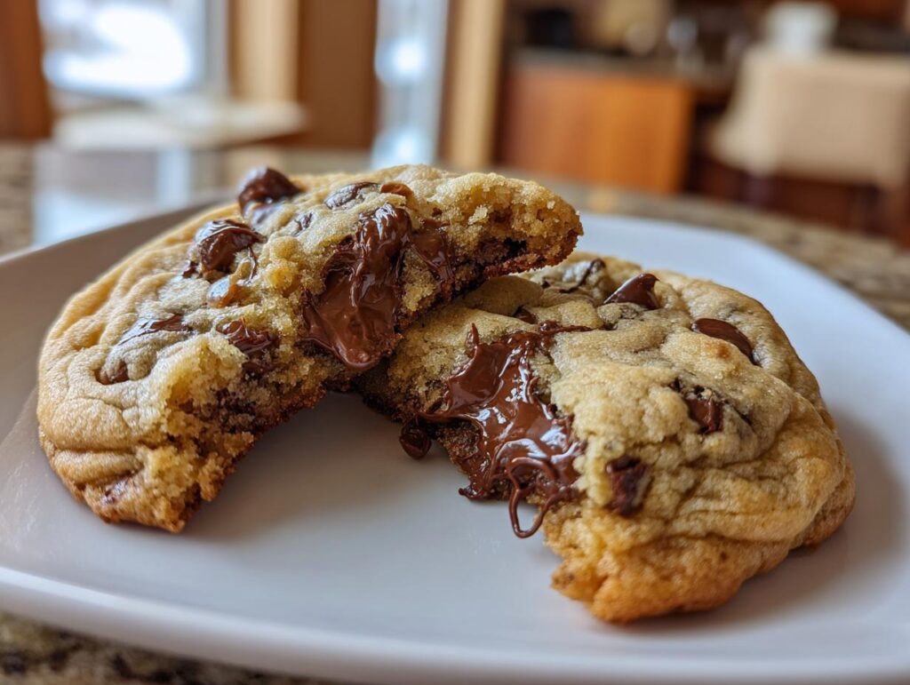 Close-up of best chocolate chip cookie recipe broken in half with melted chocolate inside on white plate.