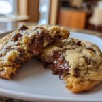 Close-up of best chocolate chip cookie recipe broken in half with melted chocolate inside on white plate.