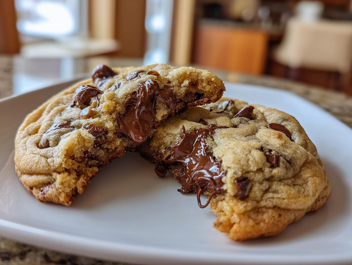 Close-up of best chocolate chip cookie recipe broken in half with melted chocolate inside on white plate.