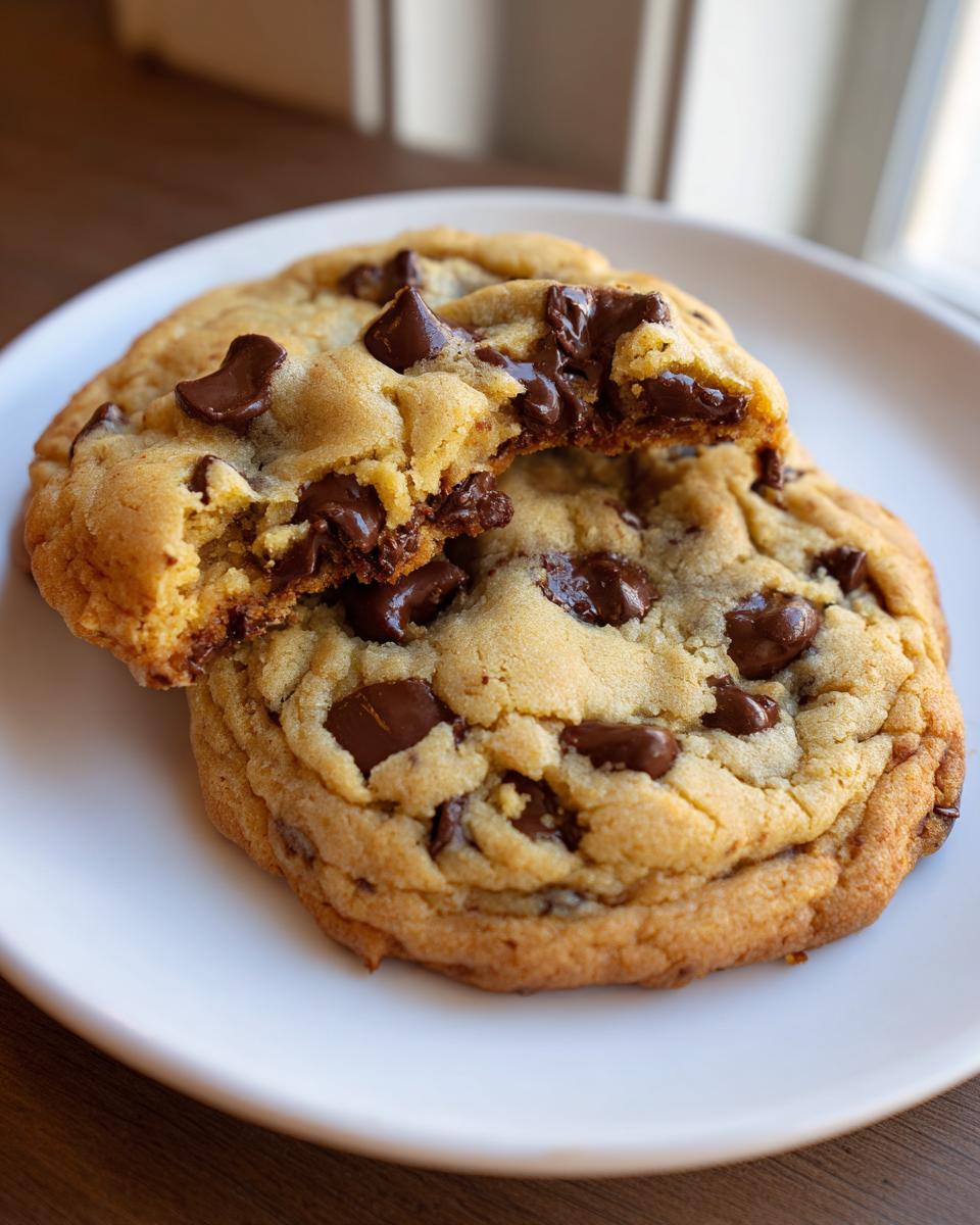 Two freshly baked chocolate chip cookies on a white plate with melted chocolate chips