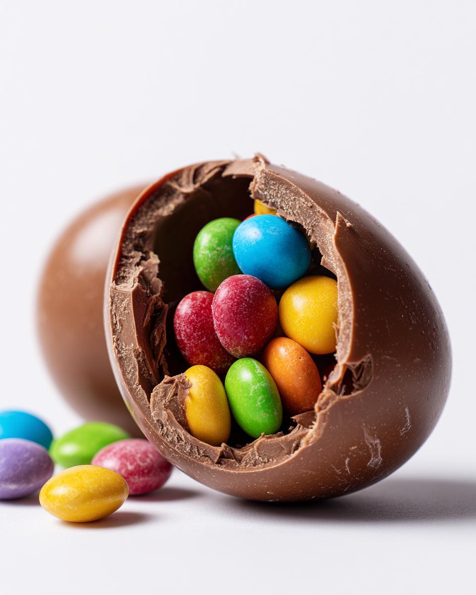 Close-up of a breakable chocolate egg filled with colorful candy-coated chocolates.