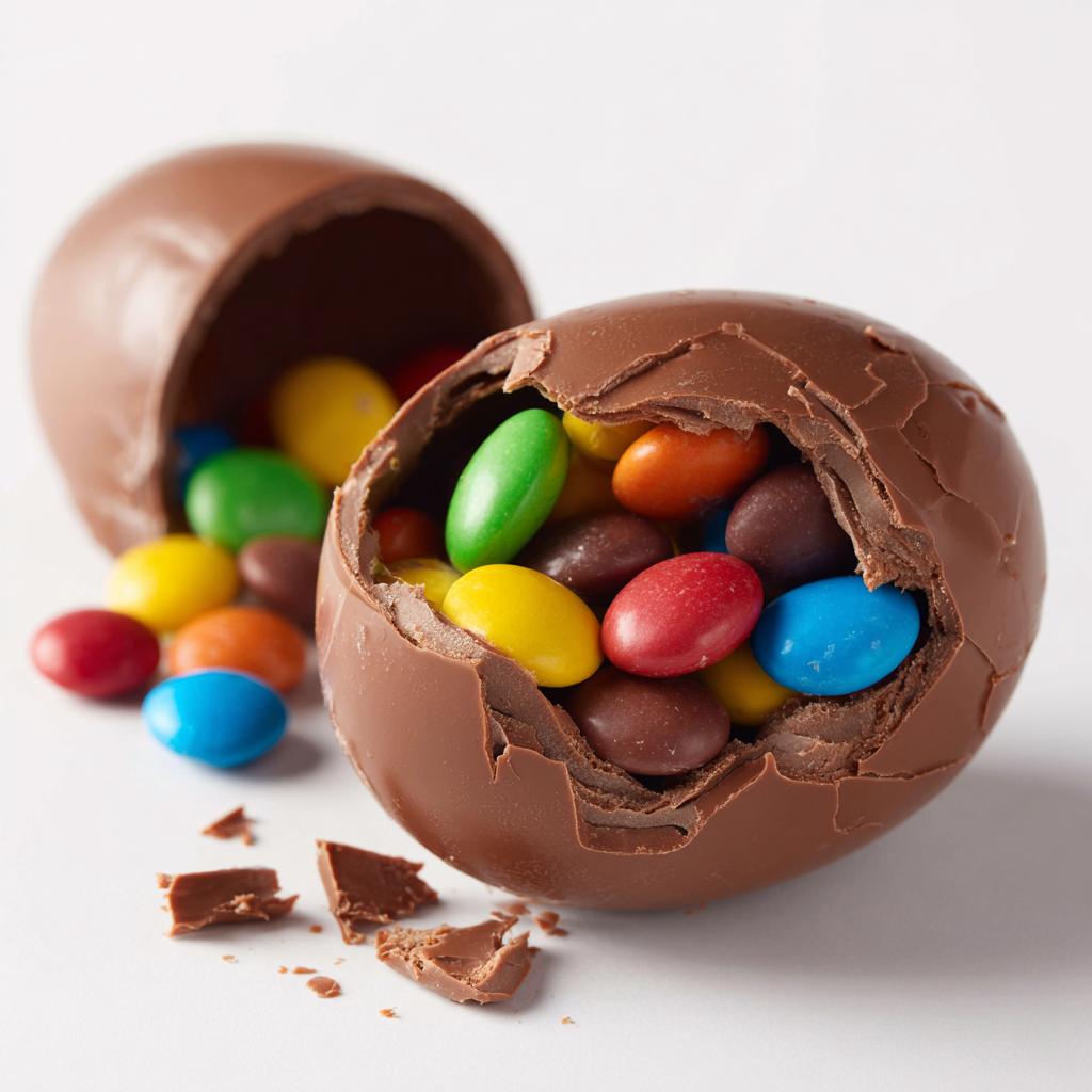 Cracked breakable chocolate eggs filled with colorful candy-coated chocolates on a white background.