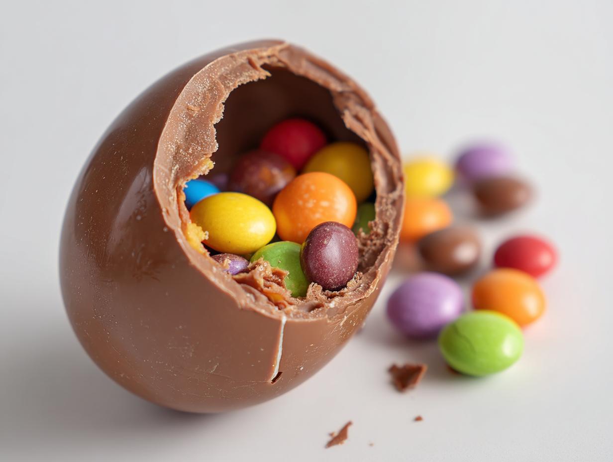 A broken breakable chocolate egg filled with colorful candy-coated chocolates spilling out.