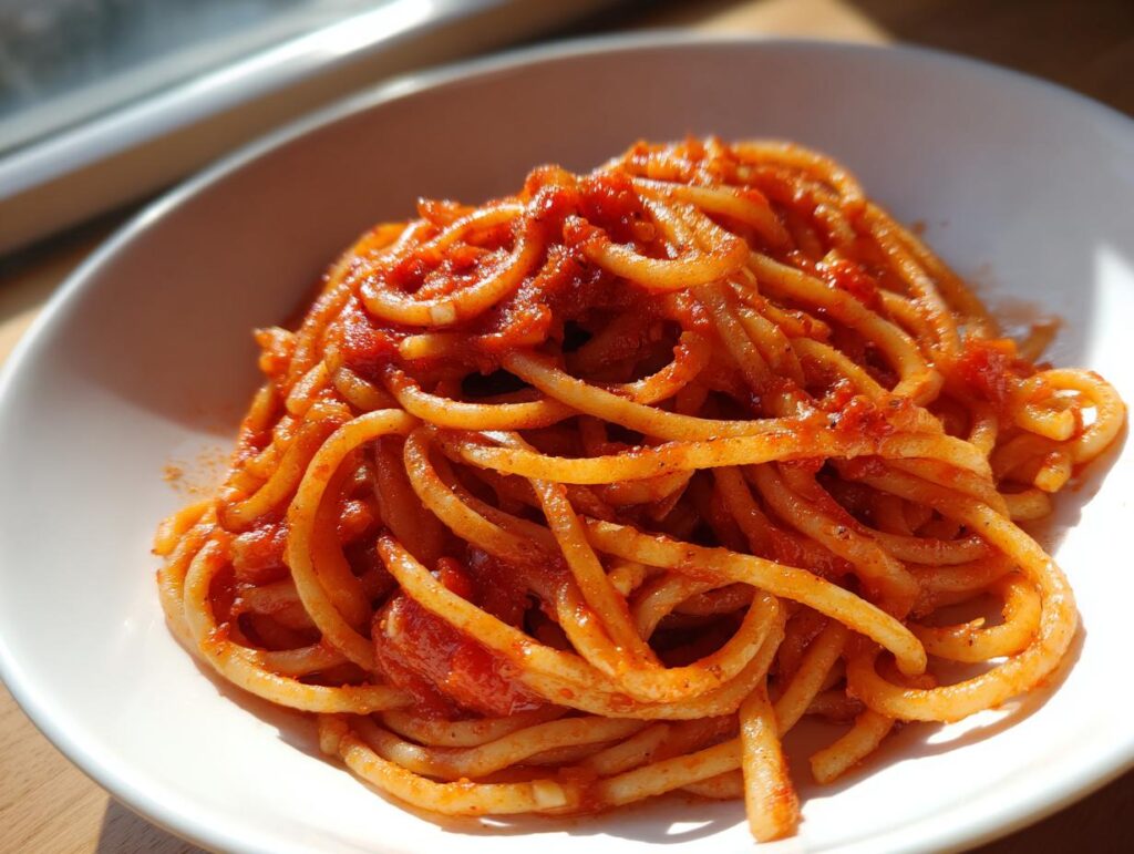 Plate of spaghetti pasta coated in a rich tomato sauce, representing budget friendly meals.