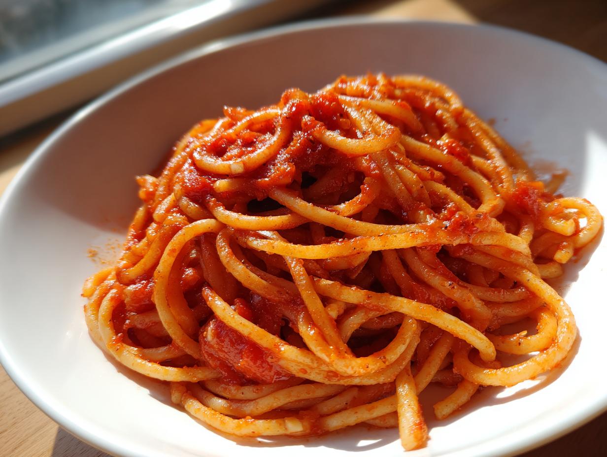 Plate of spaghetti pasta coated in a rich tomato sauce, representing budget friendly meals.