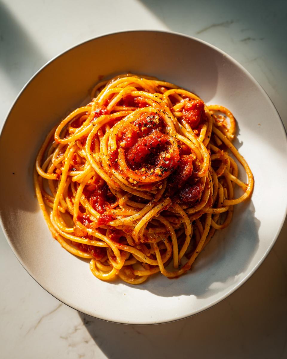 Plate of spaghetti with rich tomato sauce and black pepper, a budget friendly meals option