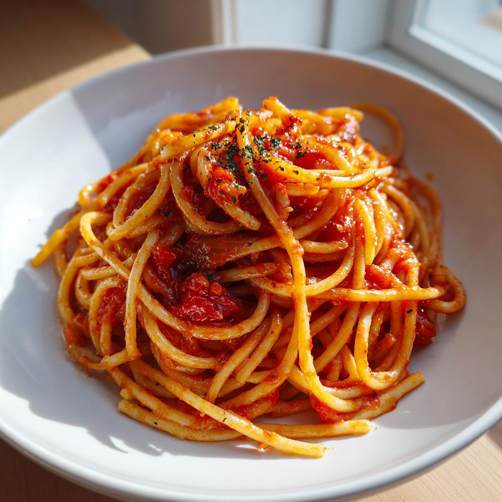 Plate of spaghetti with tomato sauce garnished with herbs, a budget friendly meals option