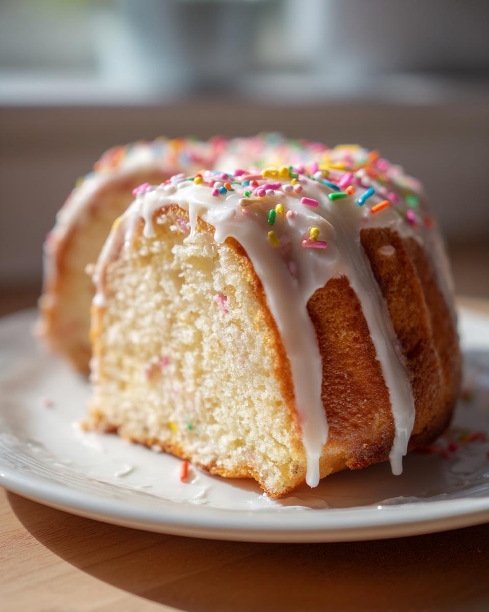Slice of bundt cake with white icing and colorful sprinkles on a white plate, Easter dessert recipes