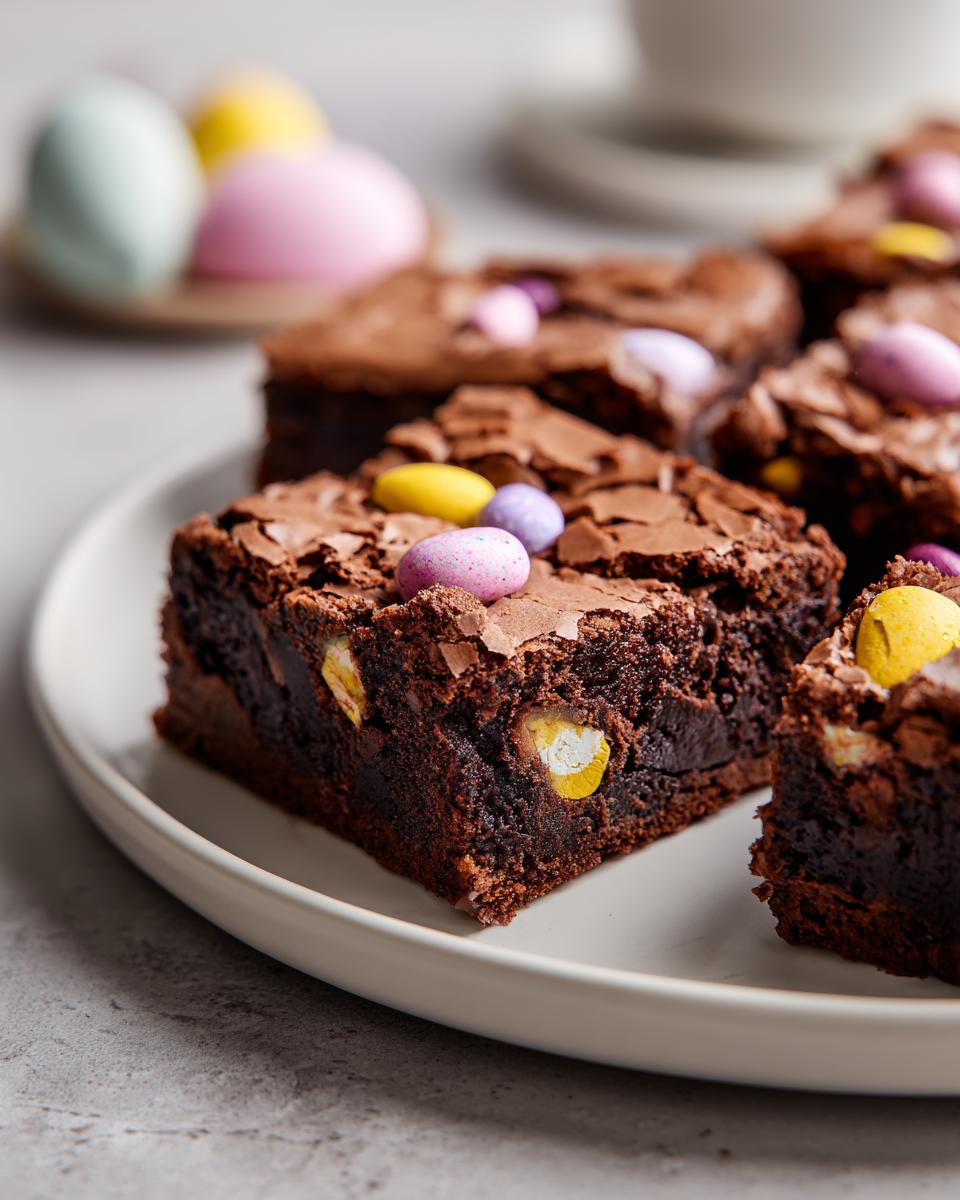 Square pieces of Cadbury mini egg brownies with colorful mini eggs on top and inside.