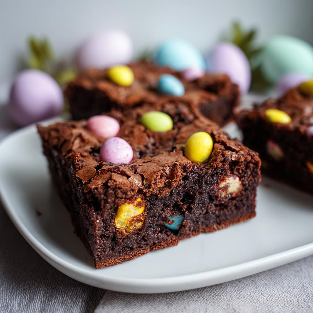 Square slices of Cadbury mini egg brownies with colorful mini eggs on top and inside the brownies.