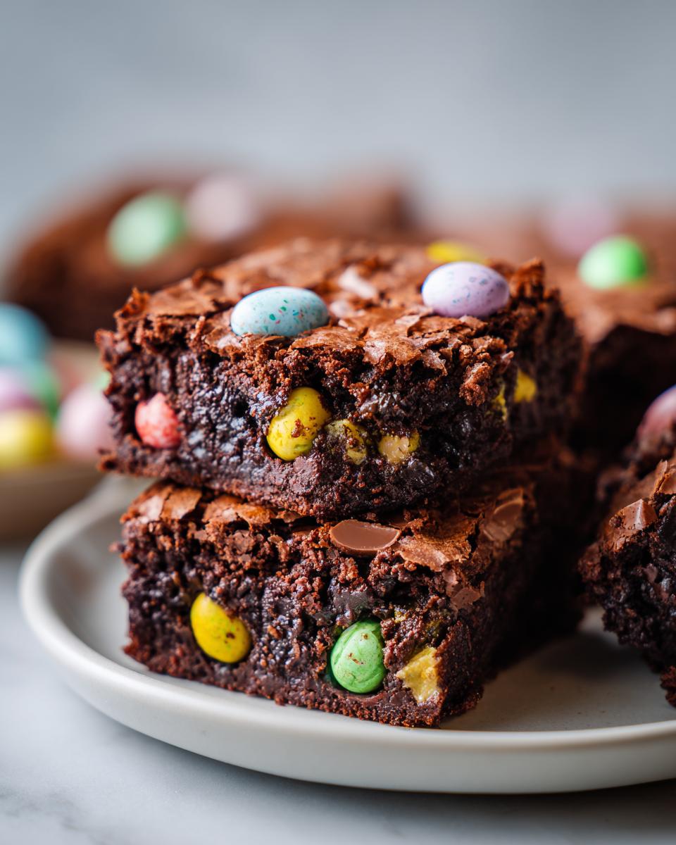 Two stacked Cadbury mini egg brownies with colorful mini eggs embedded in rich chocolate brownie.
