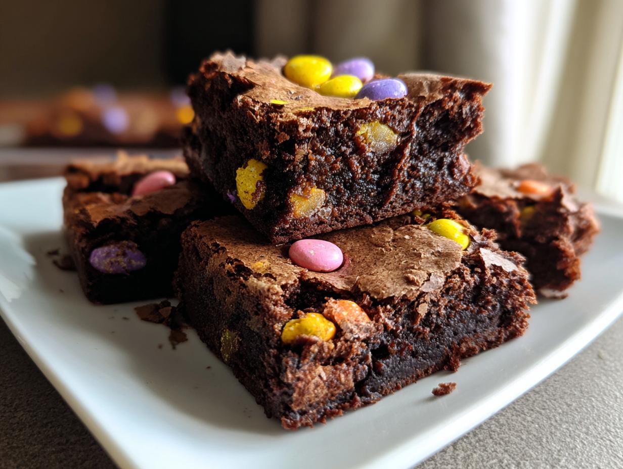 Stack of moist Cadbury mini egg brownies with colorful candy pieces on a white plate.