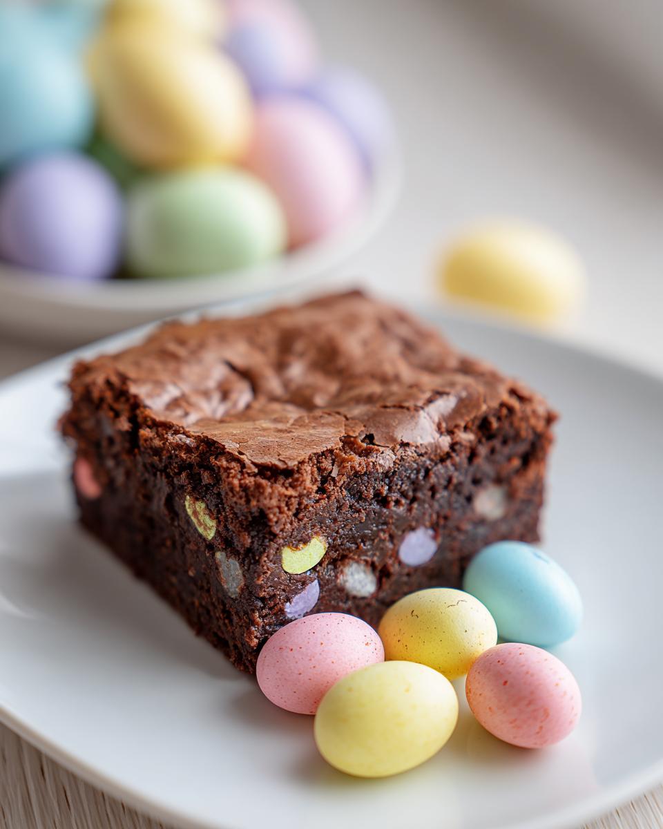 Close-up of a square Cadbury mini egg brownies on a white plate with colorful mini eggs.