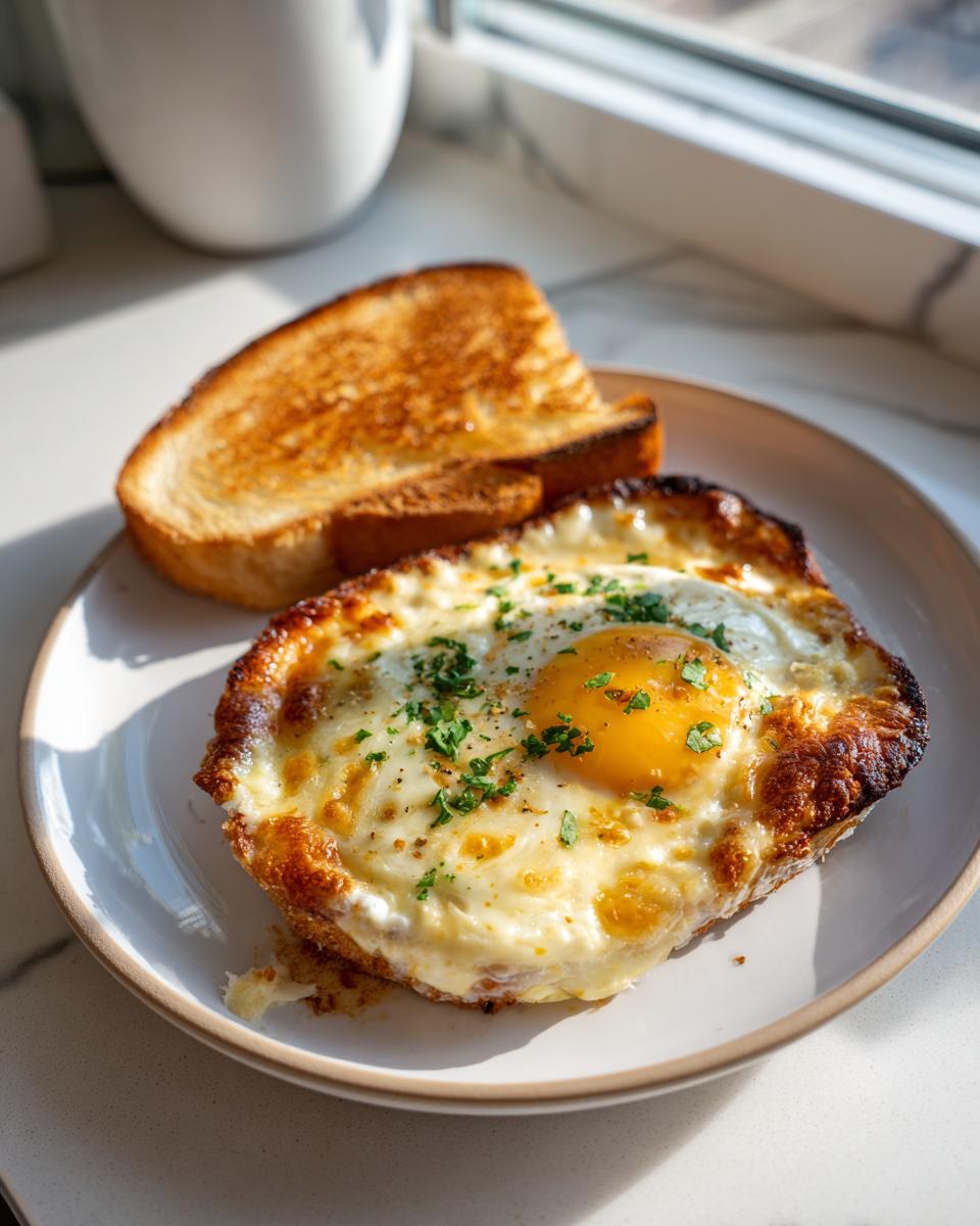 Cheesy egg toast topped with herbs served with toasted bread on a white plate