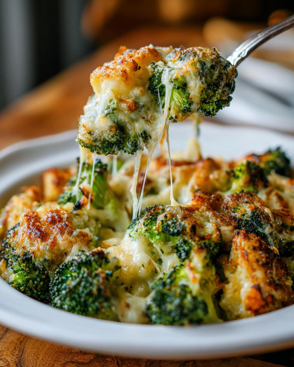 Close-up of cheesy garlic parmesan broccoli being lifted from a dish, a popular vegetable side dish recipe.