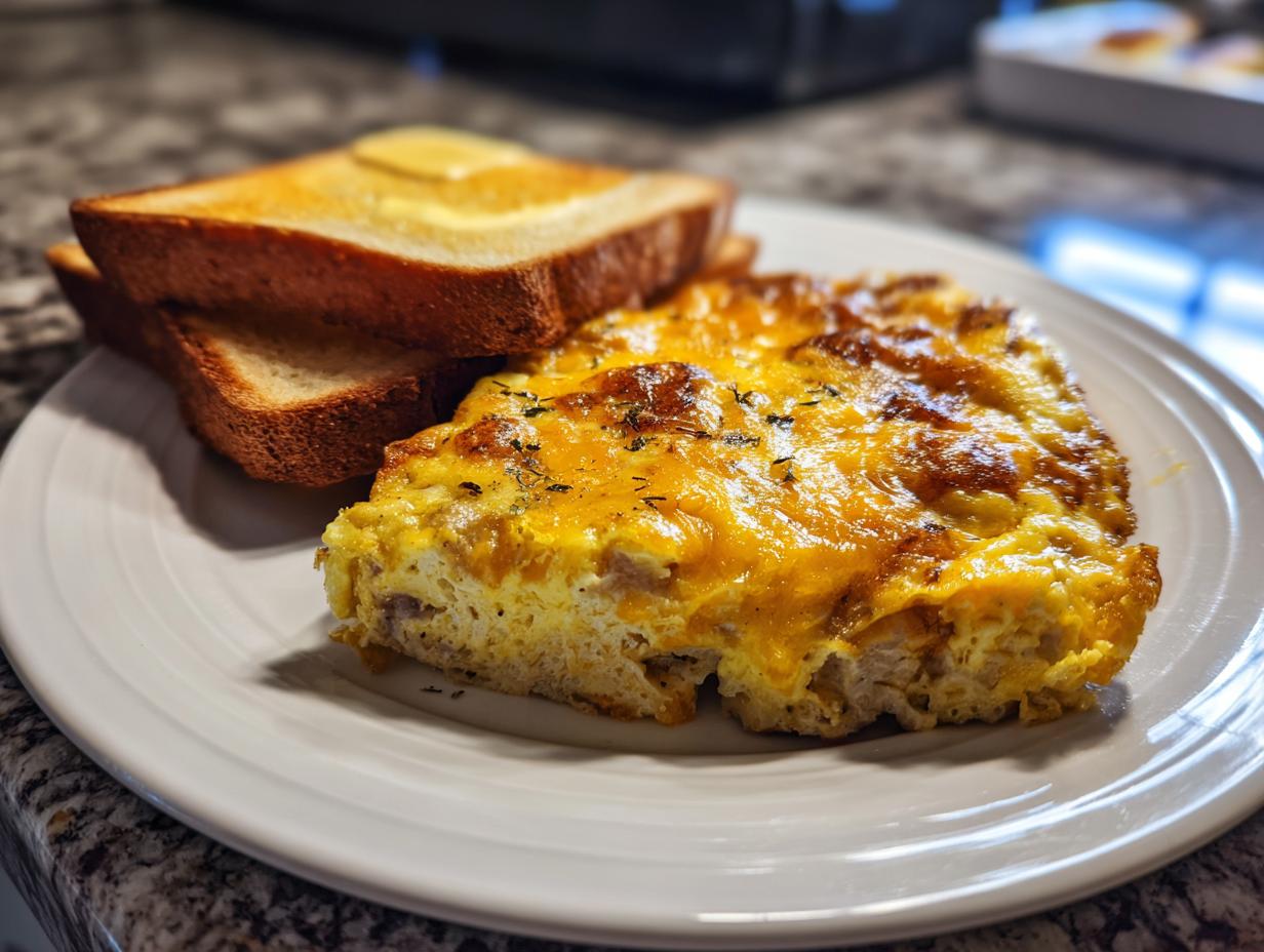 Plate with a cheesy omelette and two slices of buttered toast for Easter brunch recipes