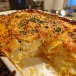 Close-up of a cheesy potato casserole baked golden with herbs, a perfect Easter side dish.