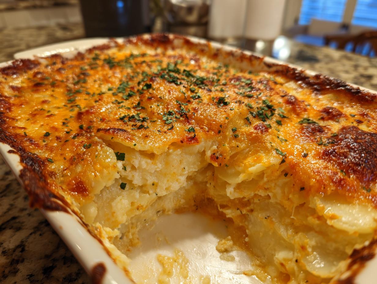 Close-up of a cheesy potato casserole baked golden with herbs, a perfect Easter side dish.