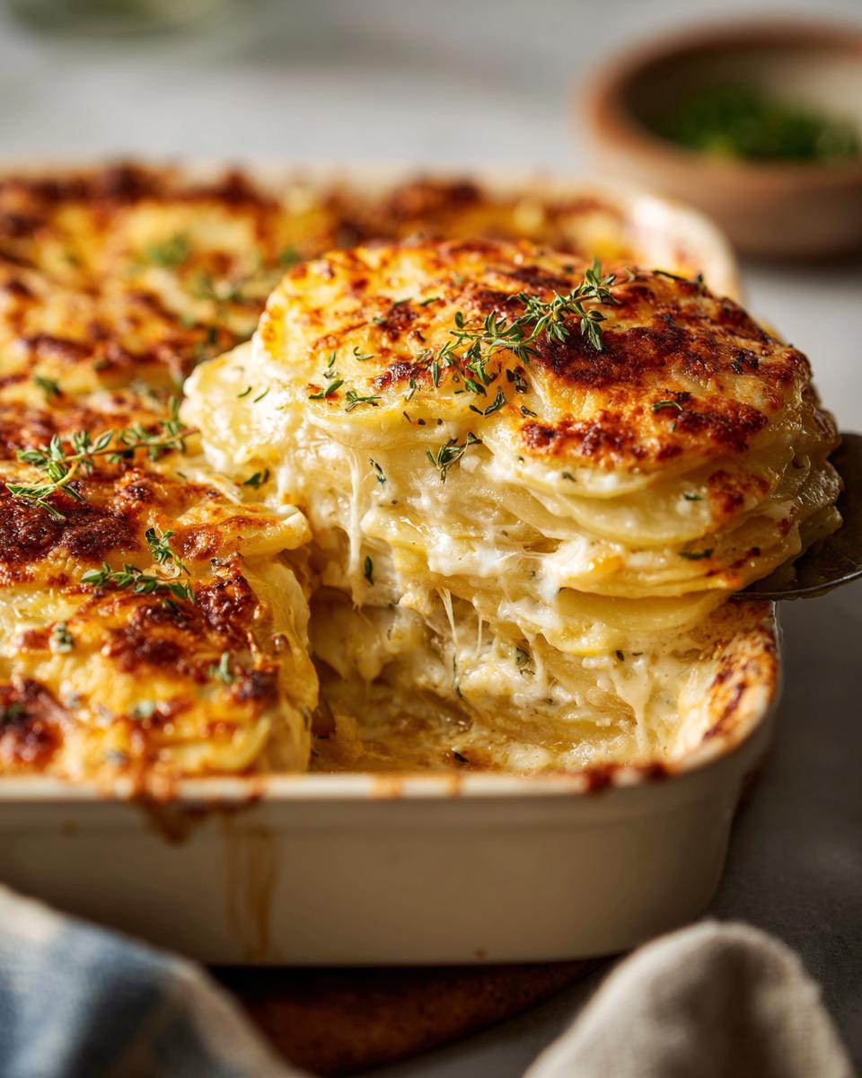 Close-up of cheesy scalloped potatoes with herbs being served from a baking dish, an Easter side dishes favorite.