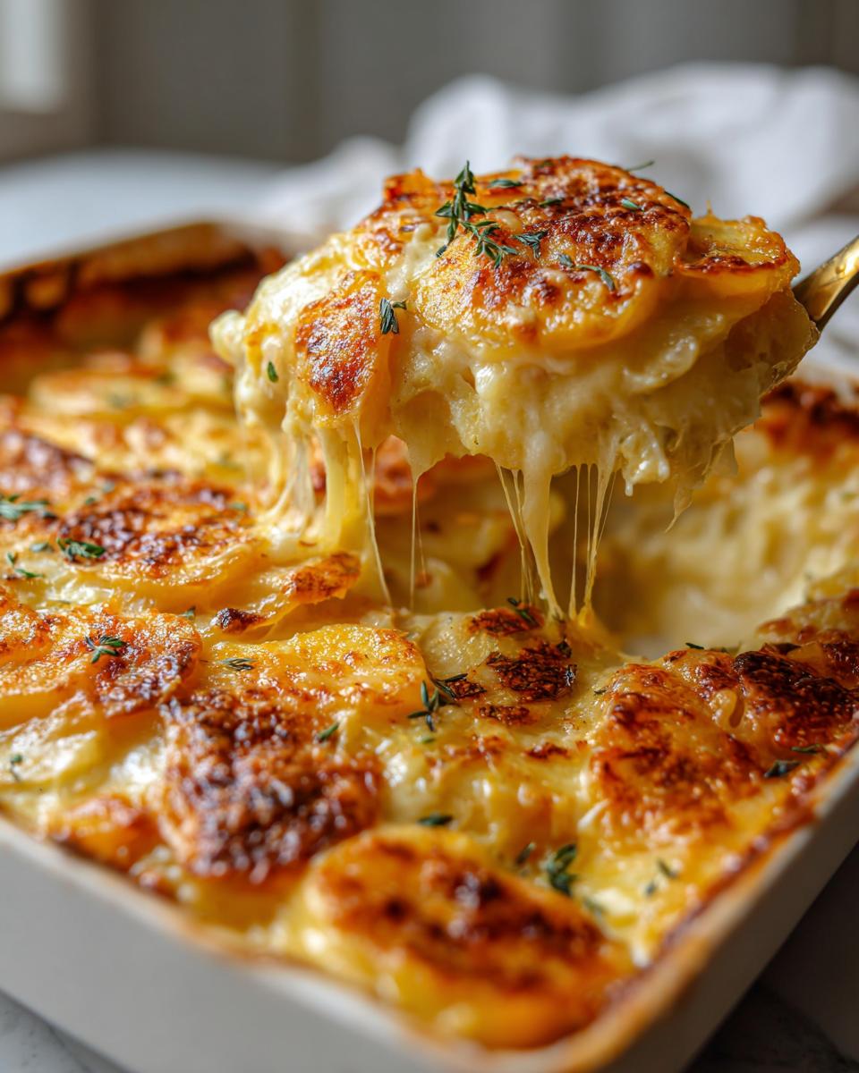 Close-up of cheesy scalloped potatoes being served, a perfect Easter side dish with melted cheese and herbs.