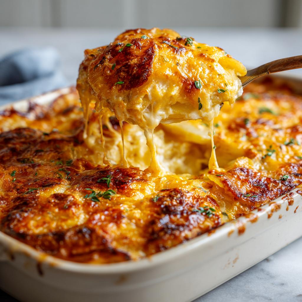 A spoonful of cheesy scalloped potatoes being lifted from a baked casserole dish, garnished with herbs.
