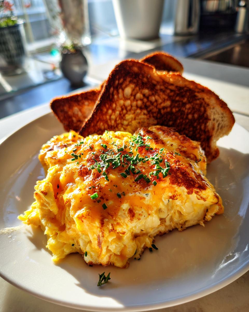 Plate of cheesy scrambled eggs garnished with herbs and two slices of toasted bread.