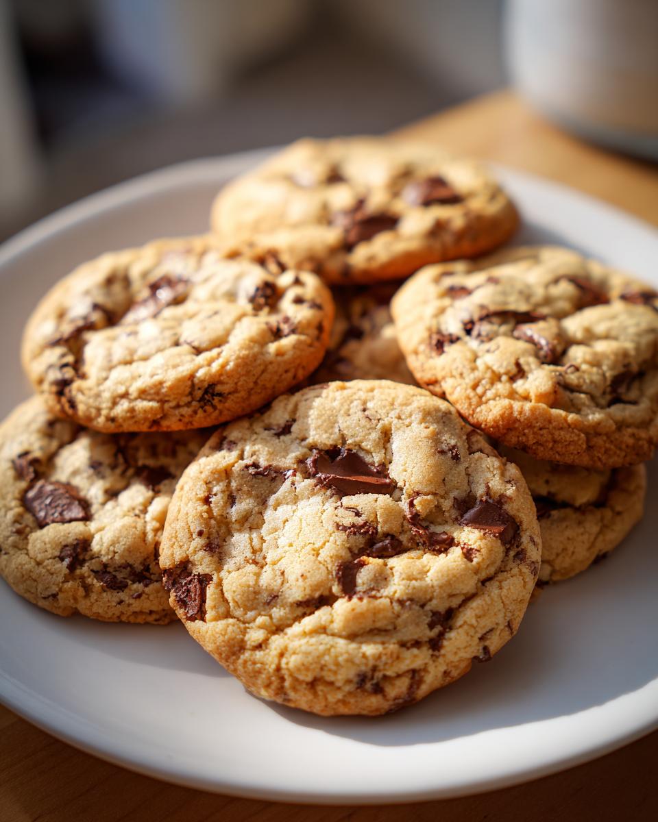 Close-up of chewy chocolate chip cookies stacked on a white plate.