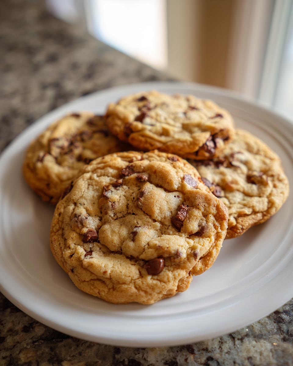 Close-up of chewy chocolate chip cookies stacked on a white plate.