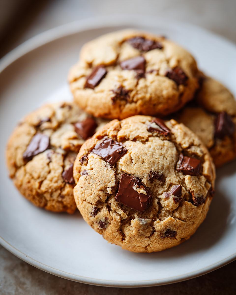 Close-up of chewy cookie recipes featuring chocolate chunk cookies on a white plate.