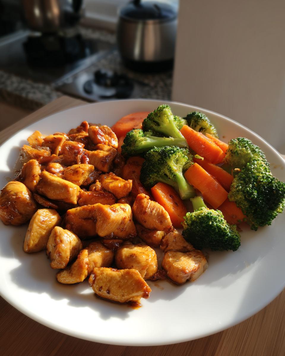 Plate with cooked chicken pieces, broccoli, and carrots for meal prep dinner ideas