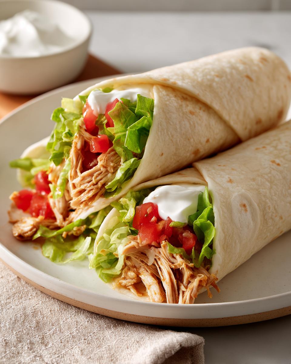 Two chicken wraps filled with lettuce, tomatoes, and sour cream on a white plate.