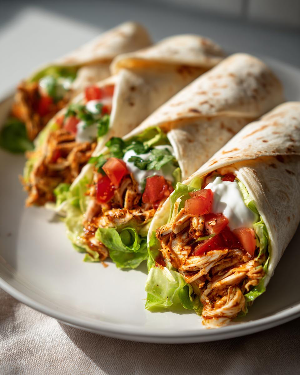 Close-up of chicken lettuce wrap recipes with shredded chicken, tomatoes, lettuce, and sauce in tortillas.