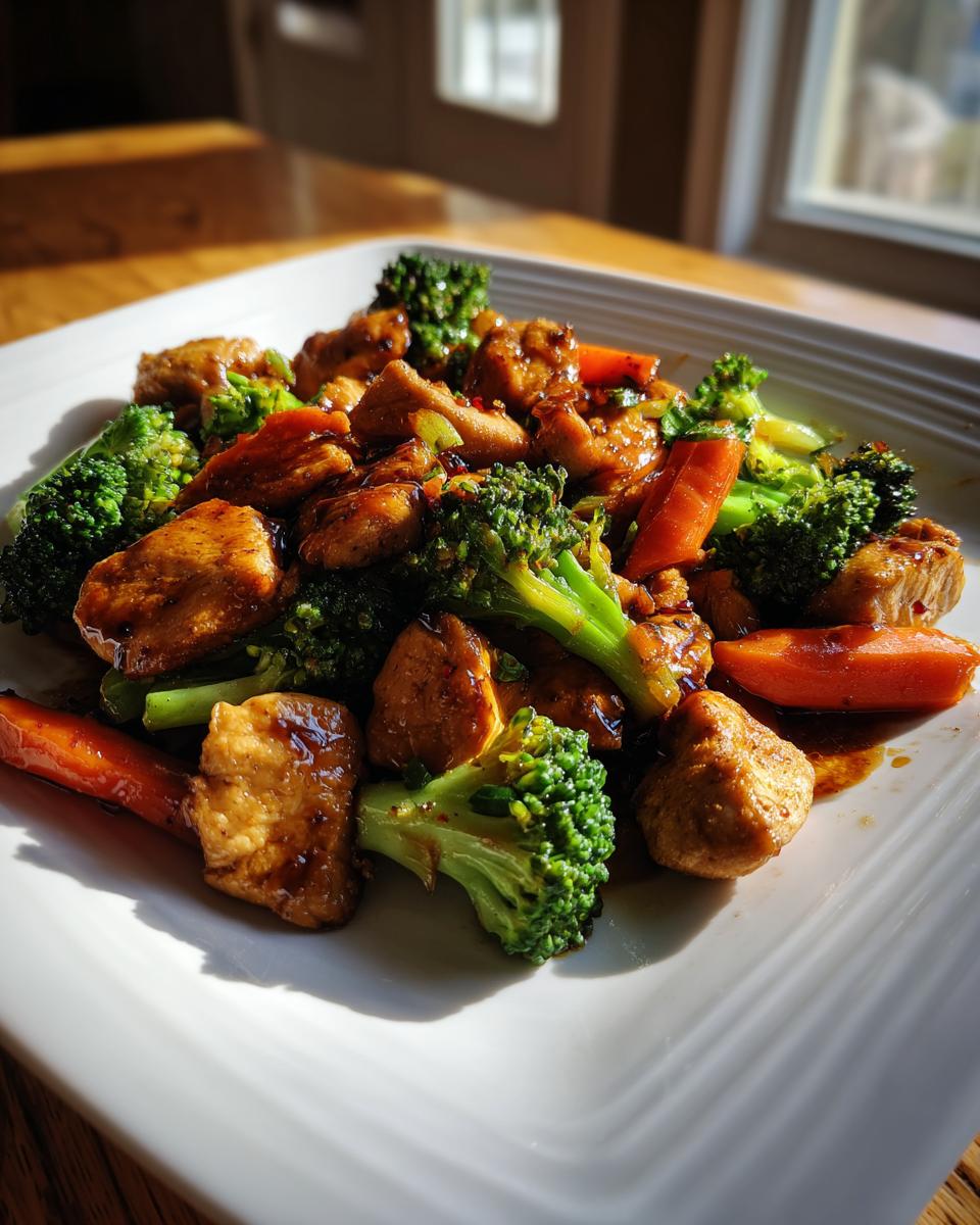 Plate of chicken stir fry with broccoli and carrots as meal prep dinner ideas