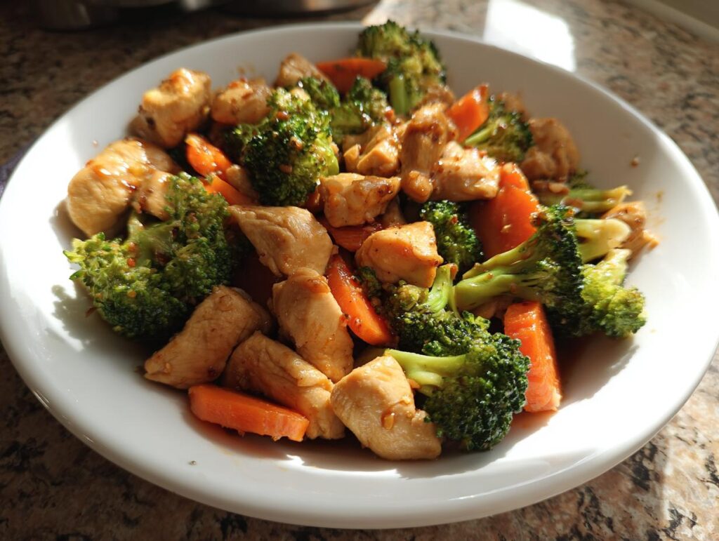 Bowl of chicken stir-fry with broccoli and carrots, a perfect meal prep dinner ideas option.