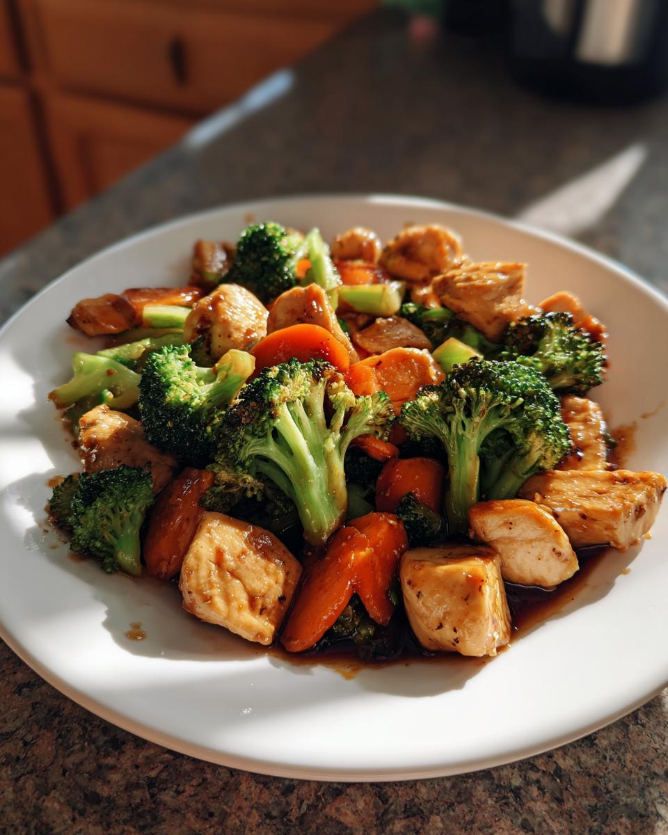 Plate of chicken, broccoli, and carrots stir-fry, a quick meal prep dinner idea