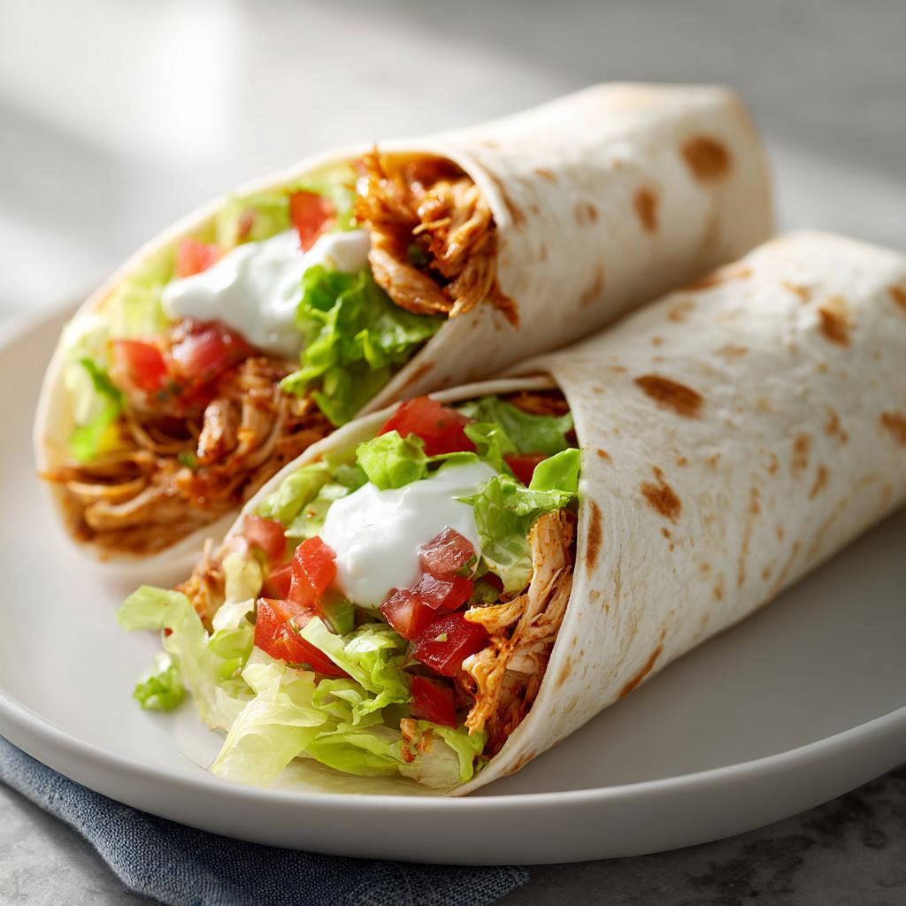 Two chicken wraps filled with lettuce, diced tomatoes, and sour cream on a white plate.